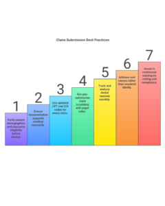 Medical billing compliance checklist showing patient verification, medical necessity documentation, accurate CPT and ICD coding, claim scrubbing, denial analysis, and staff training.